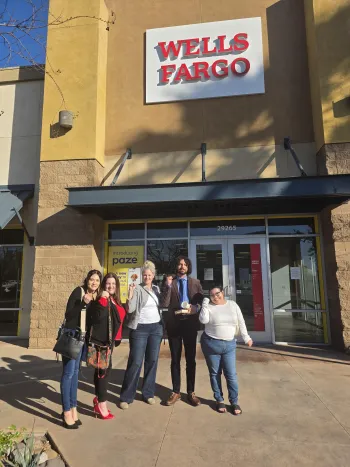 Wells Fargo Workers United members outside branch
